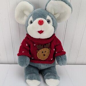 Gray Mouse Plush 13" Stuffed Animal Red Nose Reindeer Sweater Holiday Decor